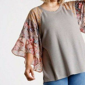 Umgee Top Waffle Knit Floral Paisley Ruffle Boho